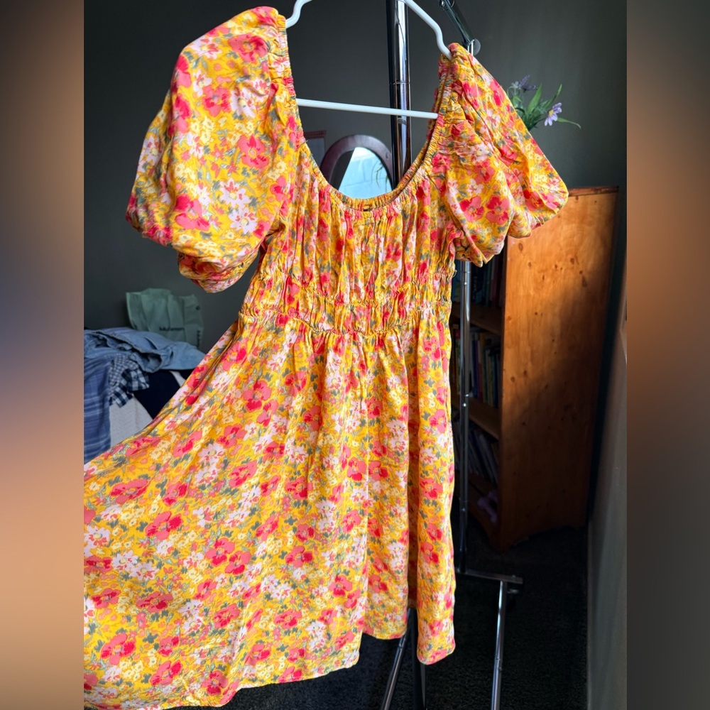 Yellow Floral Midi Dress with Puff Sleeves